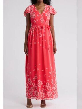 Eliza J Floral Flutter Sleeve Faux Wrap Maxi Dress - Size 4 - Coral